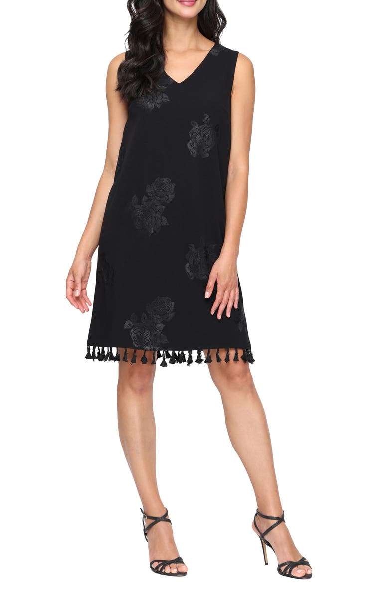 SL FASHIONS Rose Sleeveless Tassel Hem Shift Dress, Main, color, Black