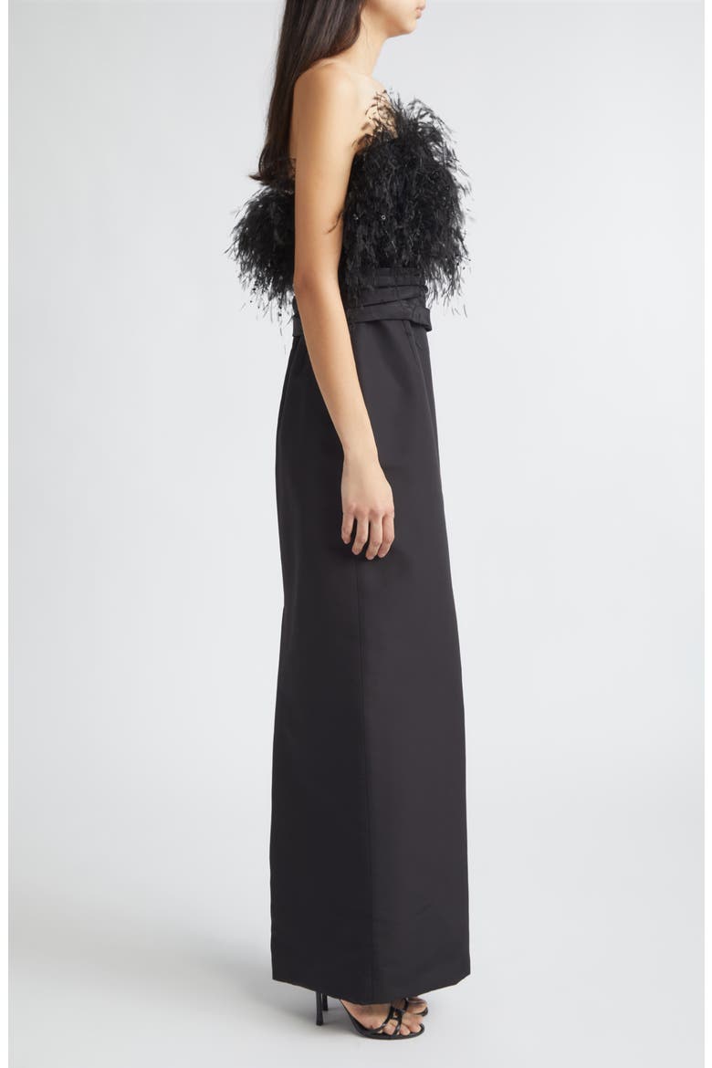 Feather Embroidered Point d'Esprit Strapless Silk Faille Gown, Alternate, color, BLACK