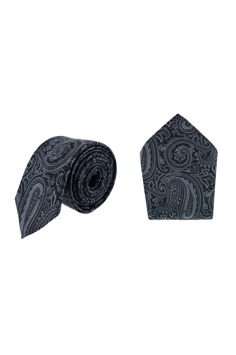 Sobee Paisley Silk Necktie and Pocket Square, Main, color, Black