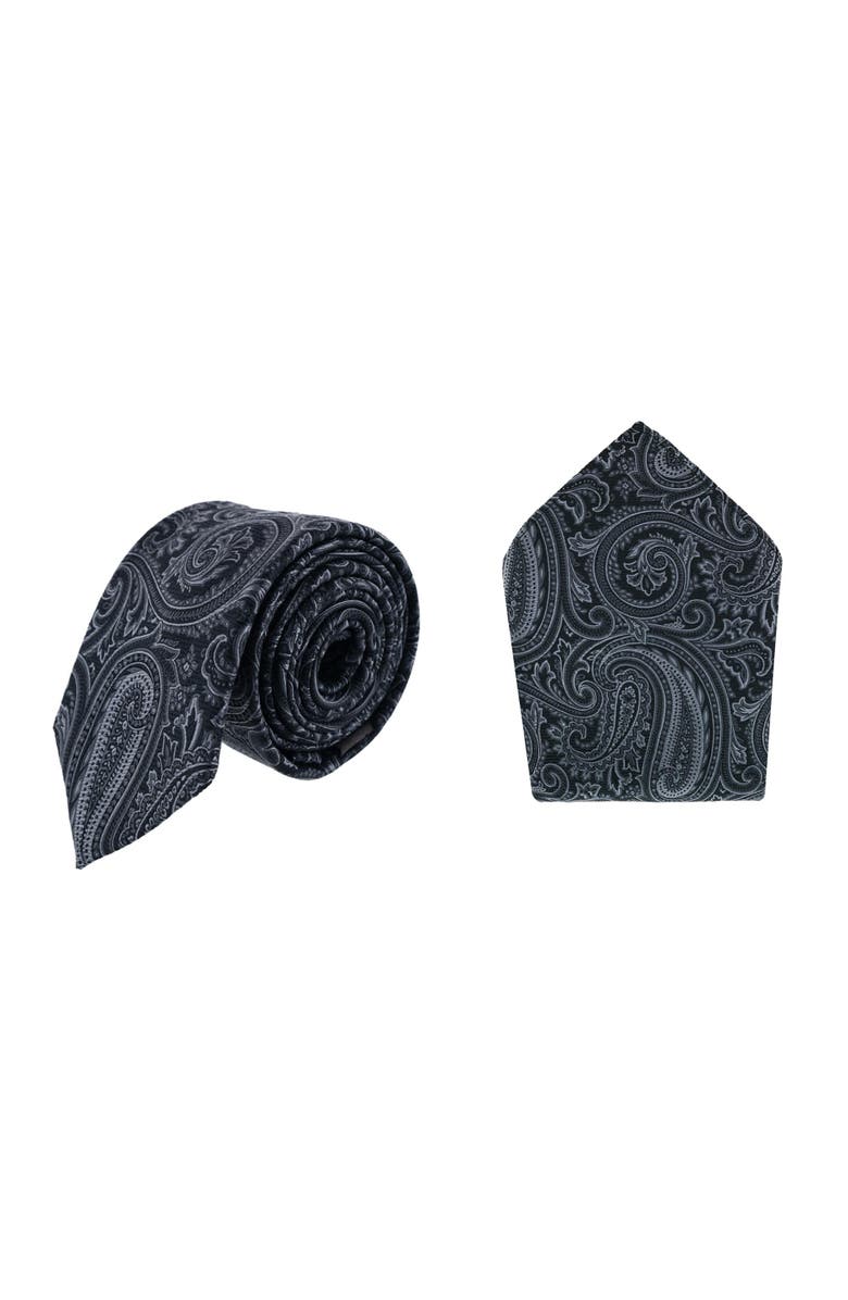 Trafalgar Sobee Paisley Silk Necktie and Pocket Square, Main, color, Black