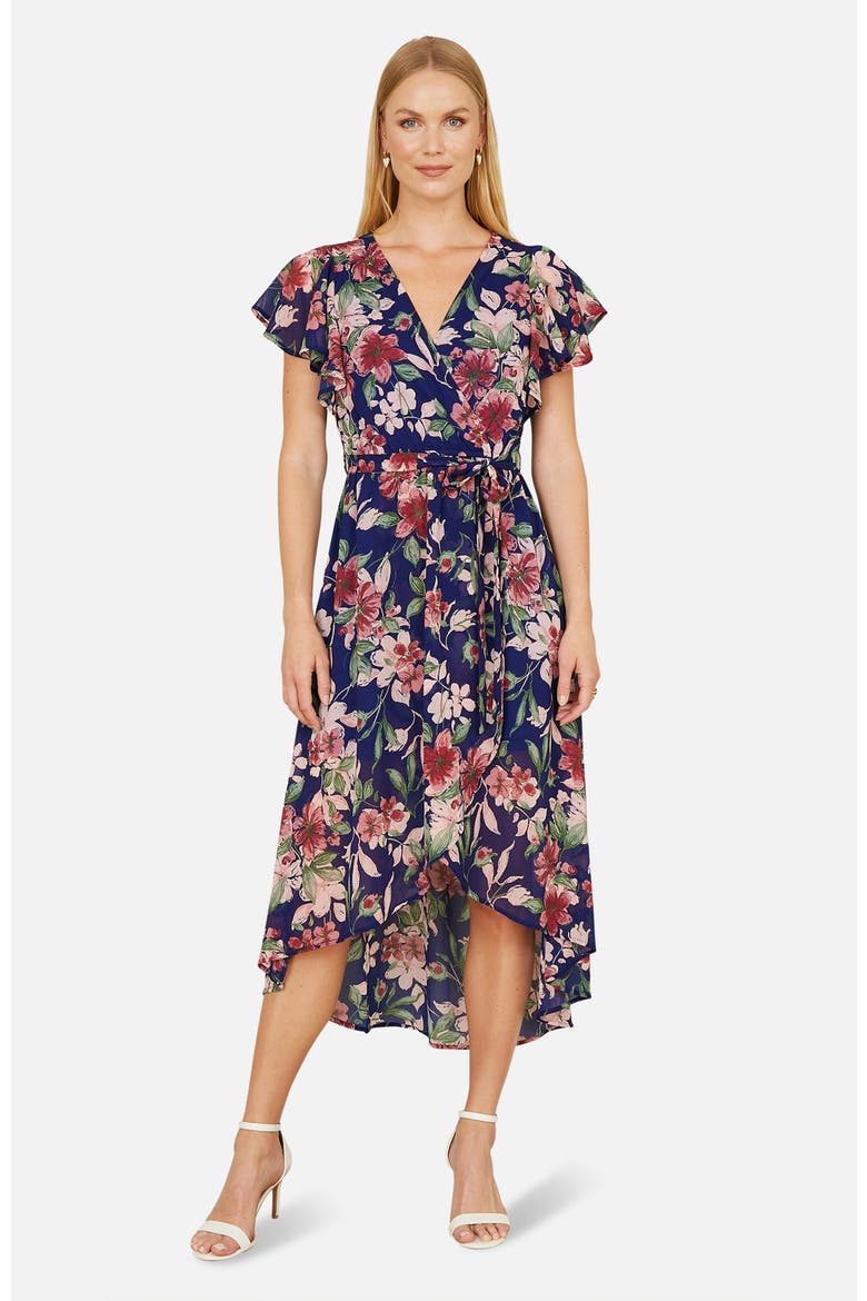 Floral Wrap Midi Dress With Frill Hem, Main, color, Blue