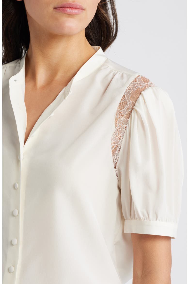 Lace Inset Silk Button-Up Shirt, Alternate, color, CREAM