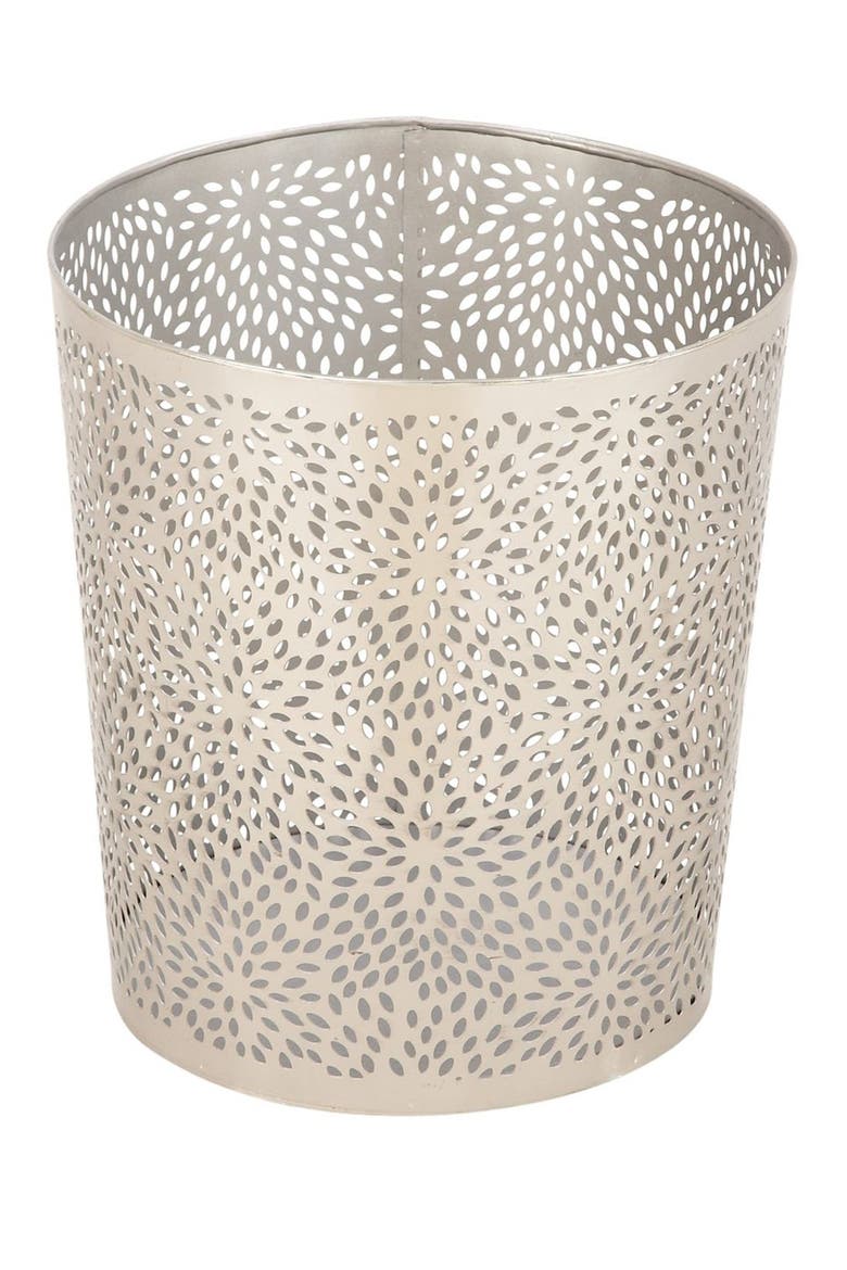 Silvertone Metal Glam Small Waste Bin with Laser Carved Floral Design, Alternate, color, SILVER