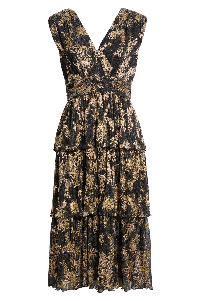 Metallic Crinkle Midi Dress, Alternate, color, BLACK/ GOLD