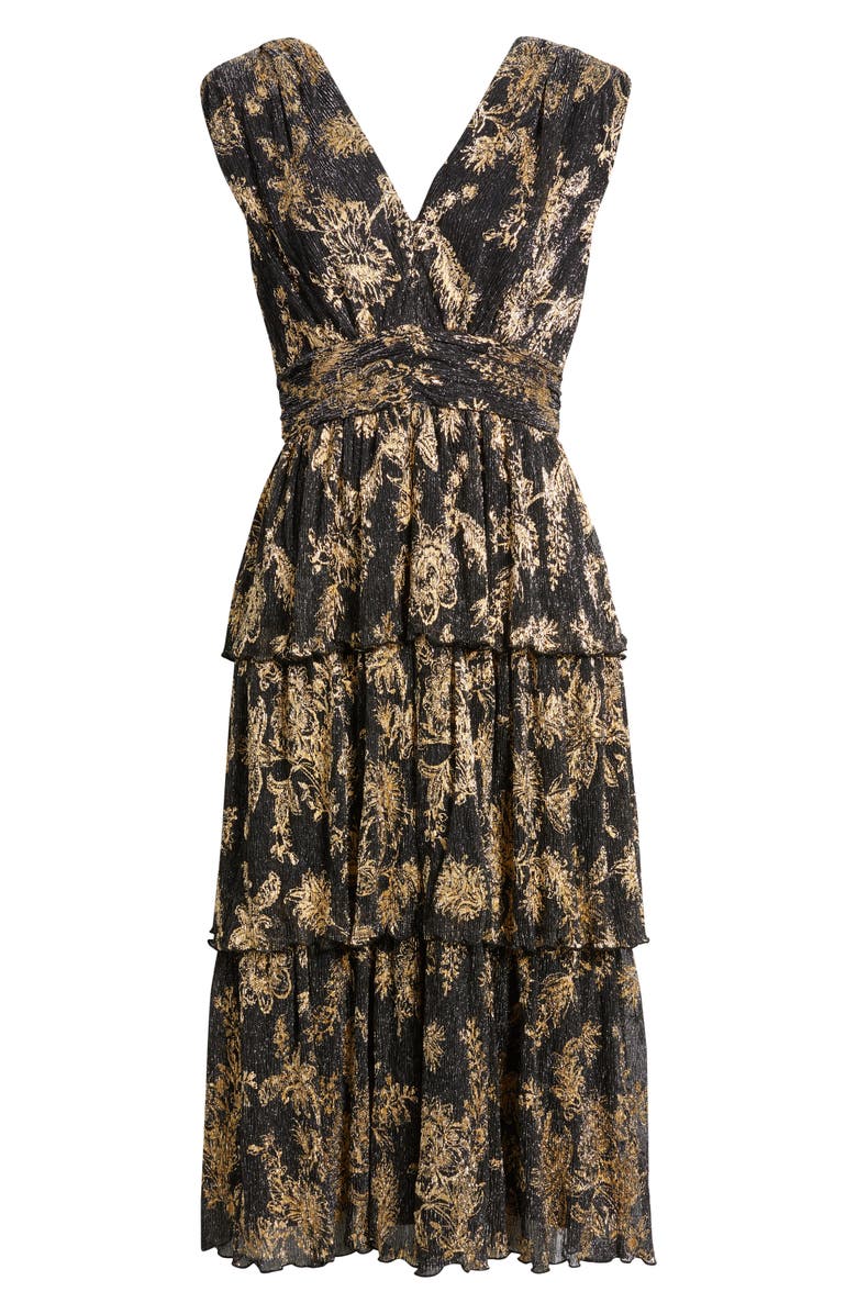 Vince Camuto Metallic Crinkle Midi Dress, Alternate, color, Black/ Gold