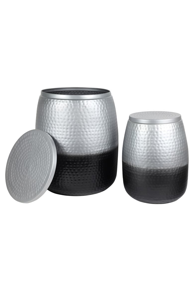 Merida Modern Rustic 2-Piece Hammered Metal Drum Storage Side Tables with Lids, Main, color, Silver/Black