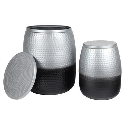 Merida Modern Rustic 2-Piece Hammered Metal Drum Storage Side Tables with Lids