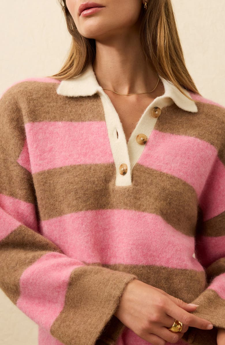 Faherty Apres Stripe Long Sleeve Sweater Polo, Alternate, color, Pink Spritz