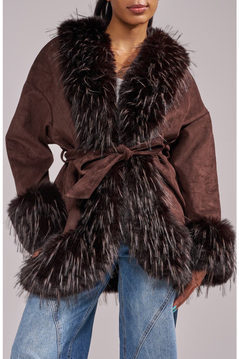 Maelle Faux Fur Trim Faux Leather Jacket, Main, color, ESPRESSO