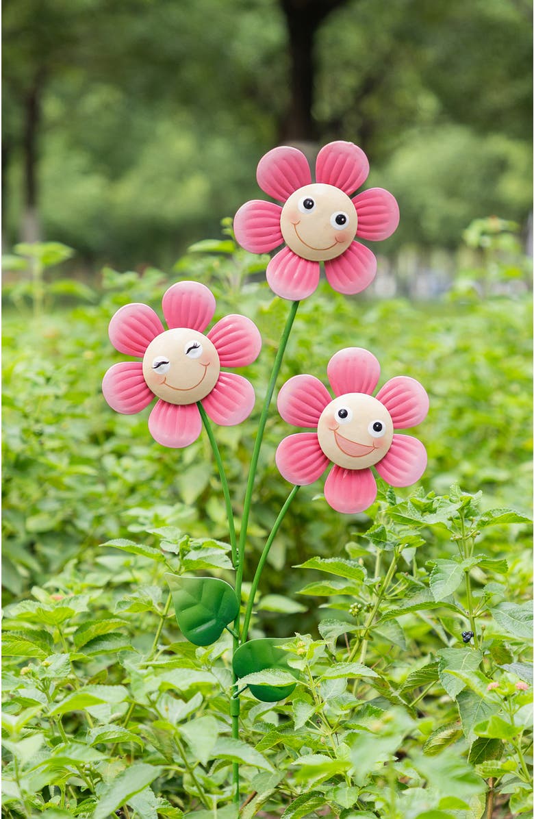 Glitzhome 36"H Garden Metal Triple Happy Face Flower Yardstake or Wall Decor, Alternate, color, Pink