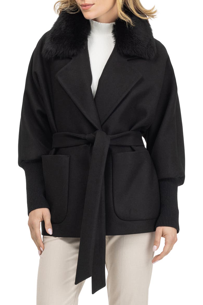 Fabric Jacket With Detachable Genuine Shearling Collar, Belt, Alternate, color, BLACK