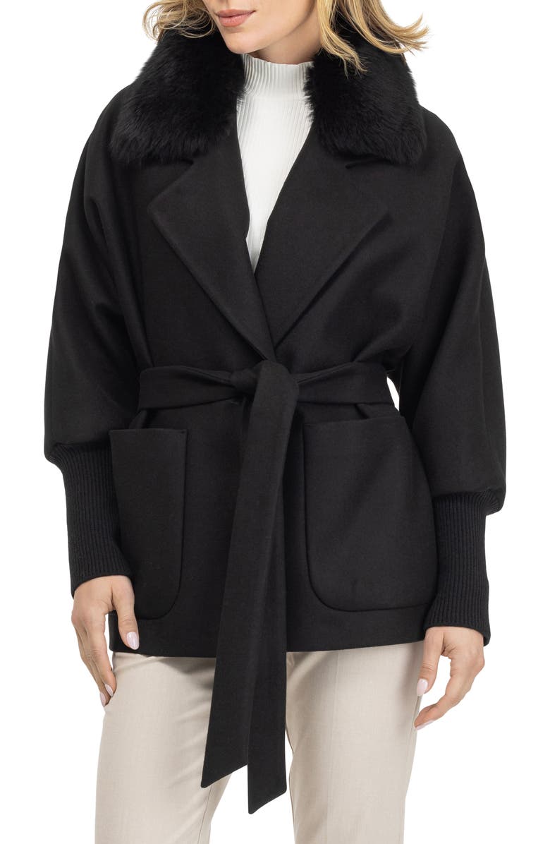 GORSKI Fabric Jacket With Detachable Shearling Lamb Collar, Belt, Alternate, color, Black