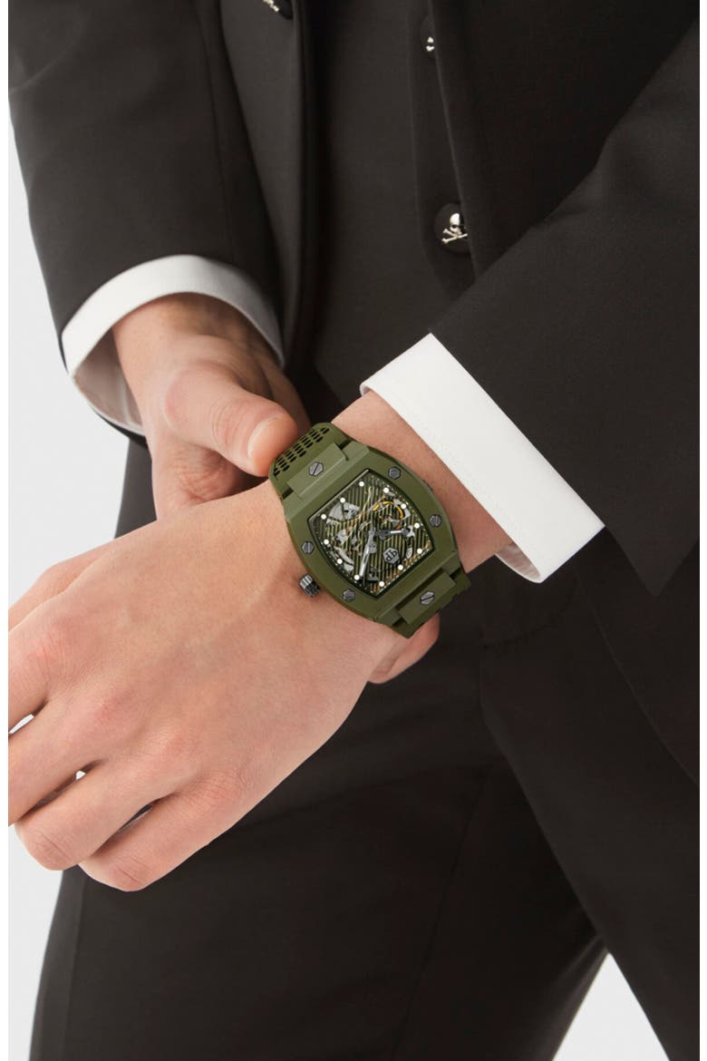 The $keleton Ecoceramic Automatic Silicone Strap Watch, Alternate, color, GREEN