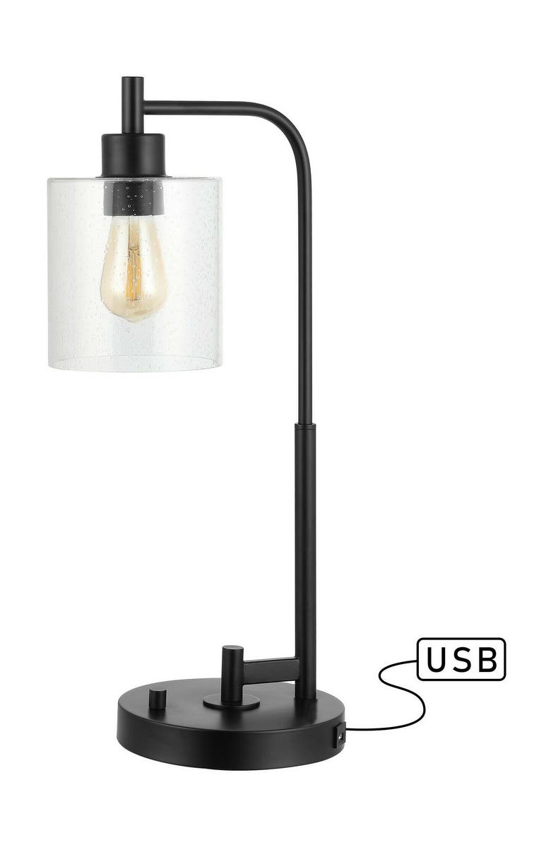 JONATHAN Y Axel Modern 23" Iron/Seeded Glass Farmhouse Industrial USB Charging LED Task Lamp, Black, Main, color, Black