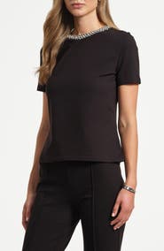 Isaac Mizrahi New York Embellished Jewel Neck T-Shirt