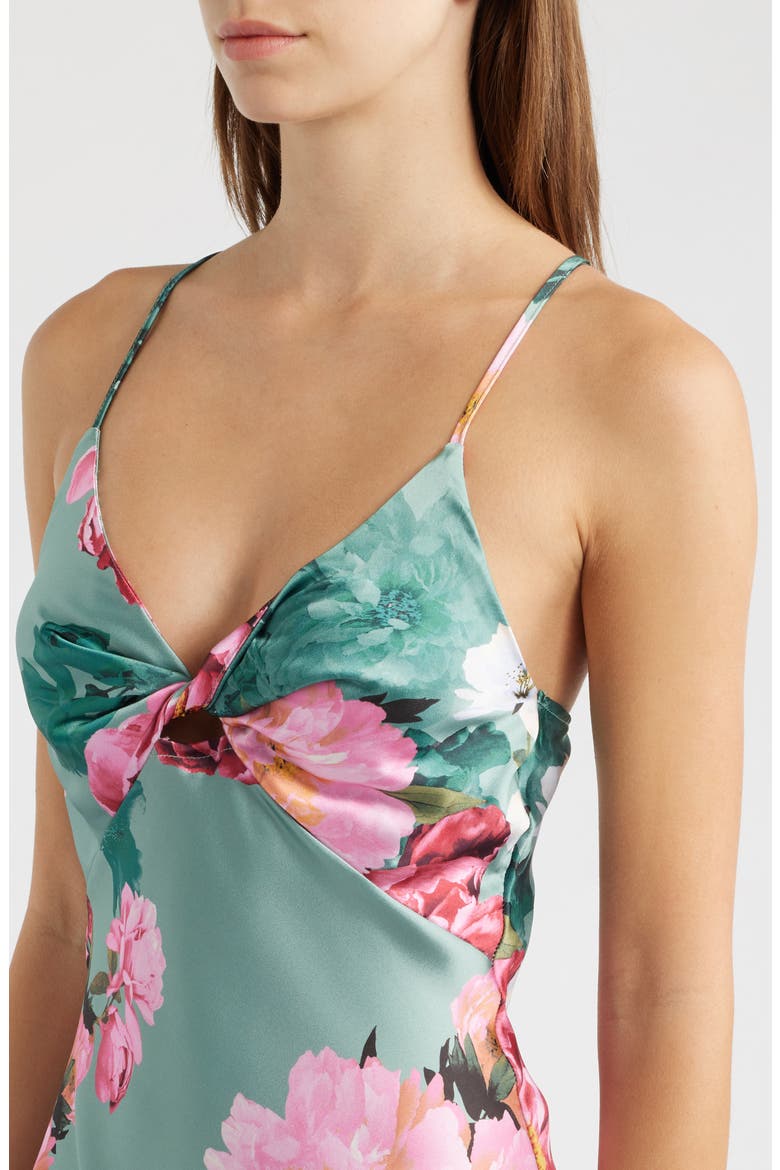 Floral Print Twist Front Satin Slipdress, Alternate, color, SAGE