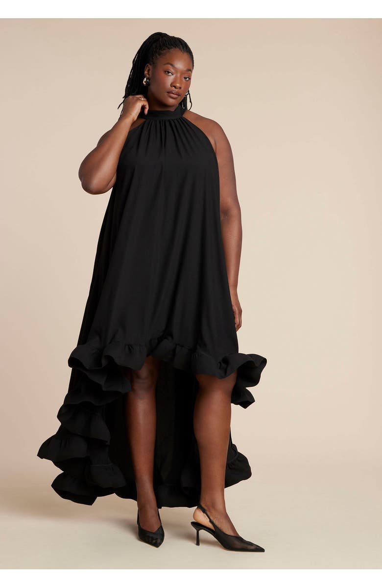 ELOQUII High Low Dramatic Ruffle Detail Dress, Alternate, color, Black Onyx