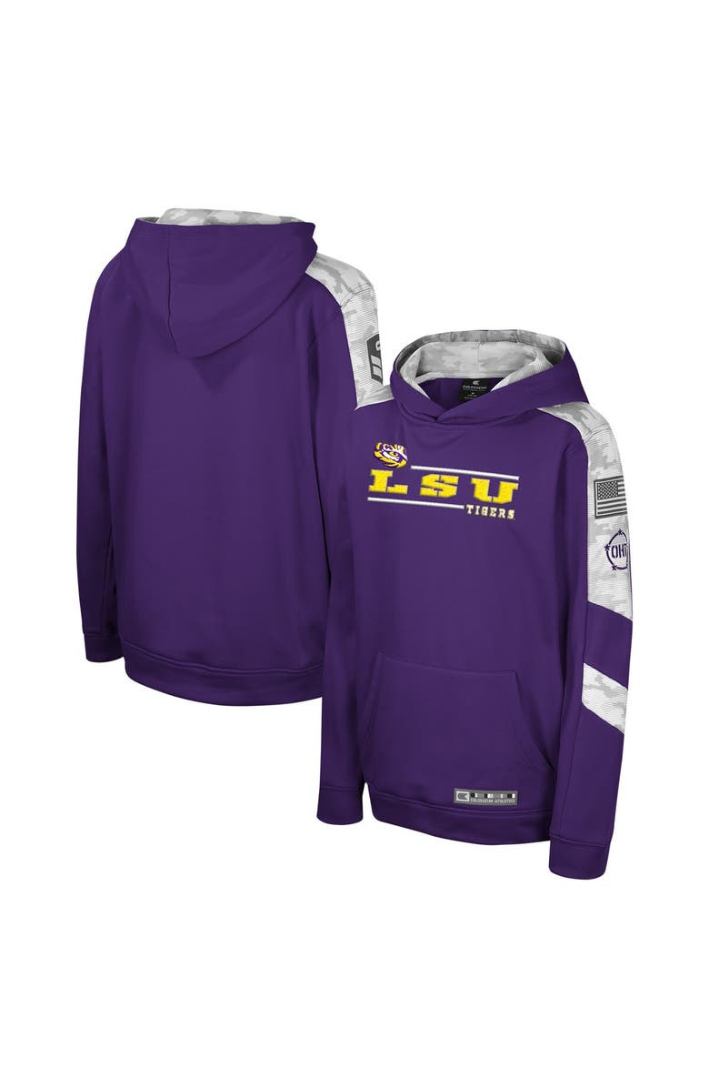 COLOSSEUM Youth Colosseum Purple LSU Tigers OHT Military Appreciation Cyclone Digital Camo Pullover Hoodie, Main, color,