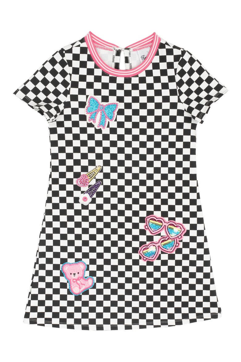 Kids' Appliquéd Checkered Dress, Main, color, BLACK