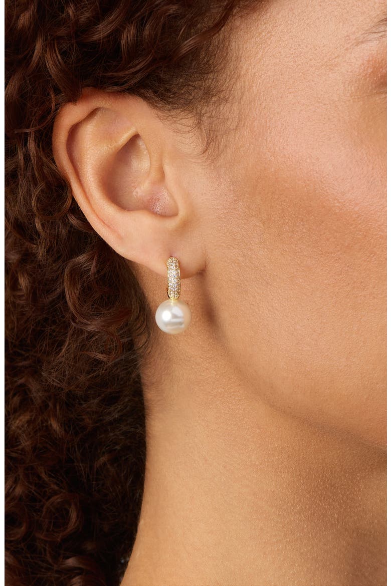 Faux Pearl Pave Cubic Zirconia Huggie Hoop Earrings, Alternate, color, GOLD/ WHITE