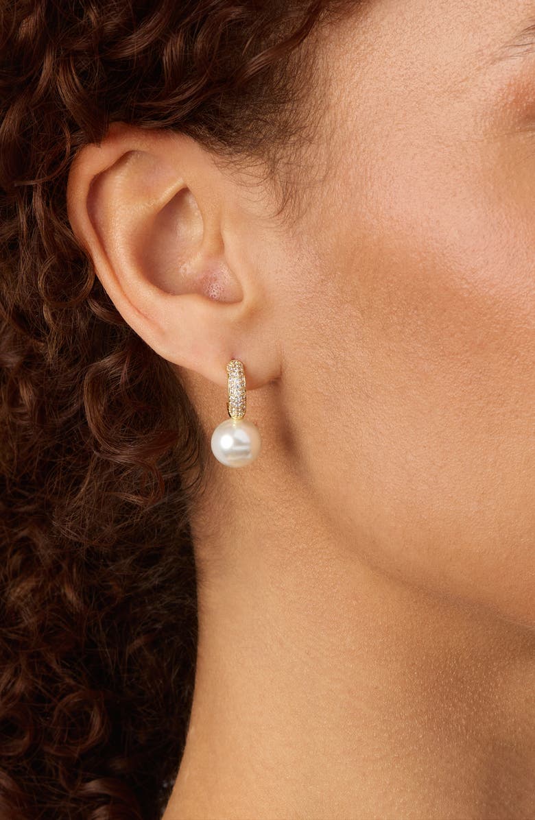 ATHRA LUXE Faux Pearl Pave Cubic Zirconia Huggie Hoop Earrings, Alternate, color, Gold/ White