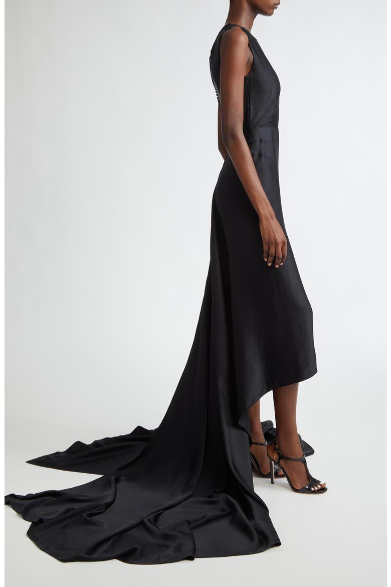 Fishtail Train Sleeveless Crepe Gown, Alternate, color, BLACK