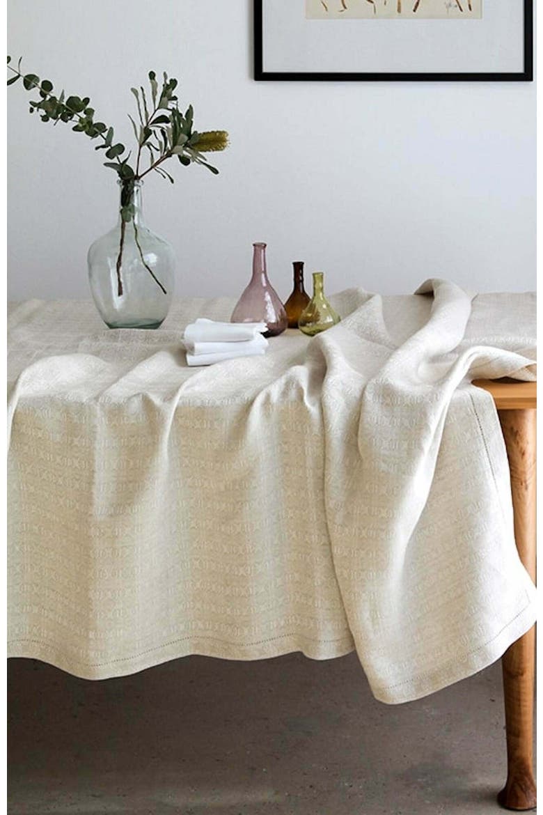 Linen Cloverleaf Tablecloth, Alternate, color, Natural