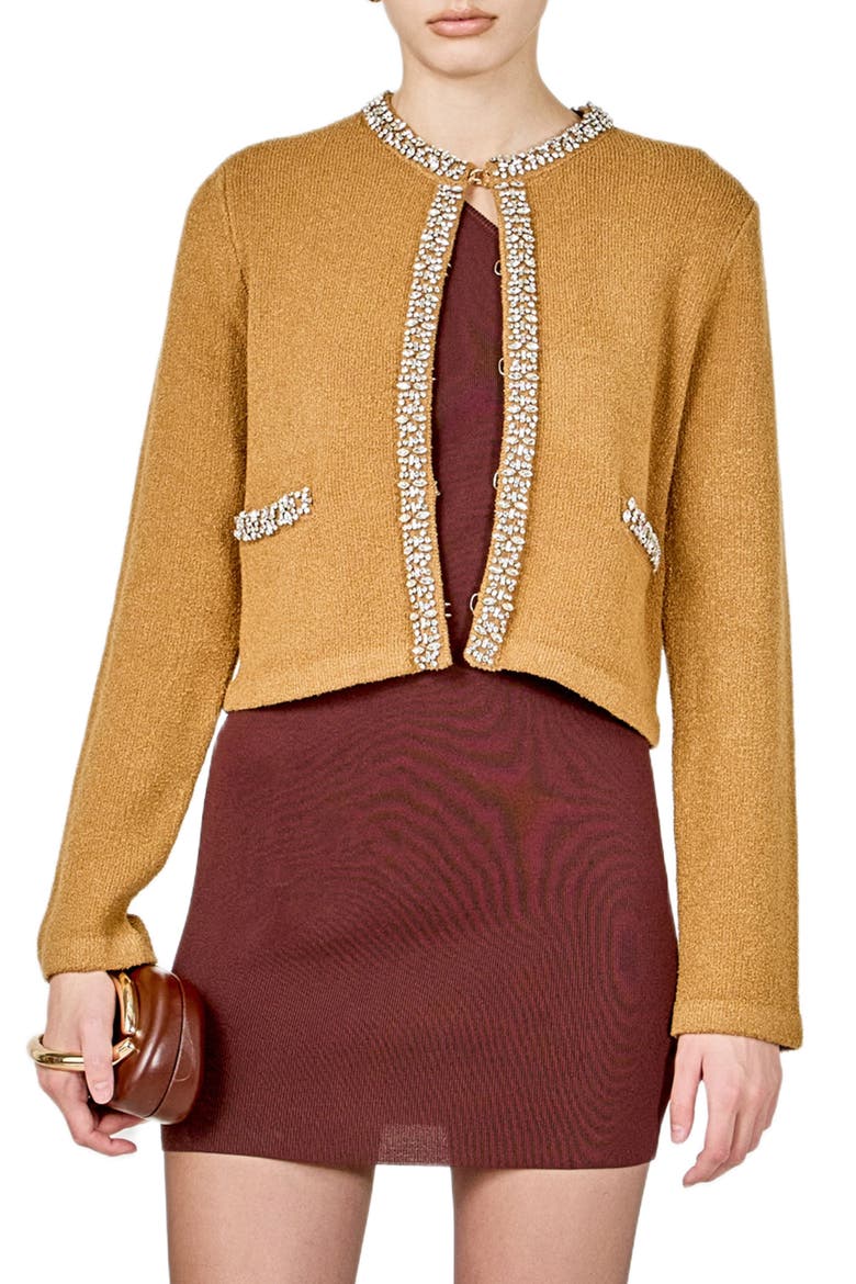 Bouclé Jewel Trim Cardigan, Main, color, MOCHA