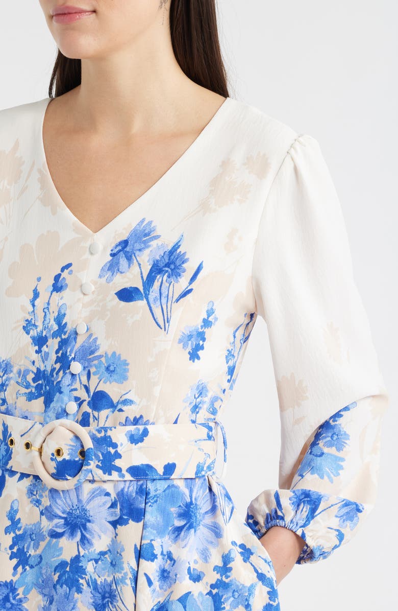 Tahari ASL Placed Floral Long Sleeve Dress, Alternate, color, Ivory Blue