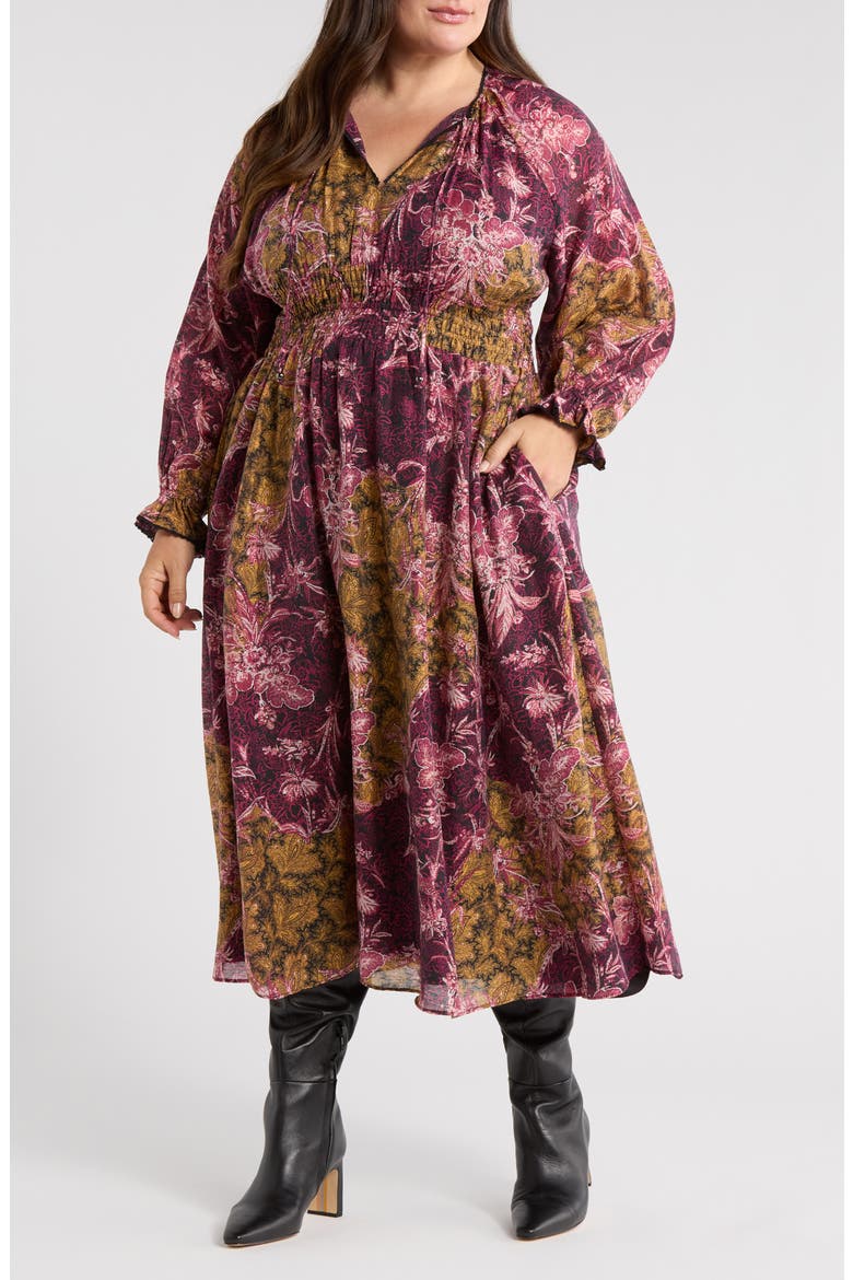 Long Sleeve Smocked Bodice Midi Dress, Main, color, PURPLE- YELLOW PAISLEY PATCH