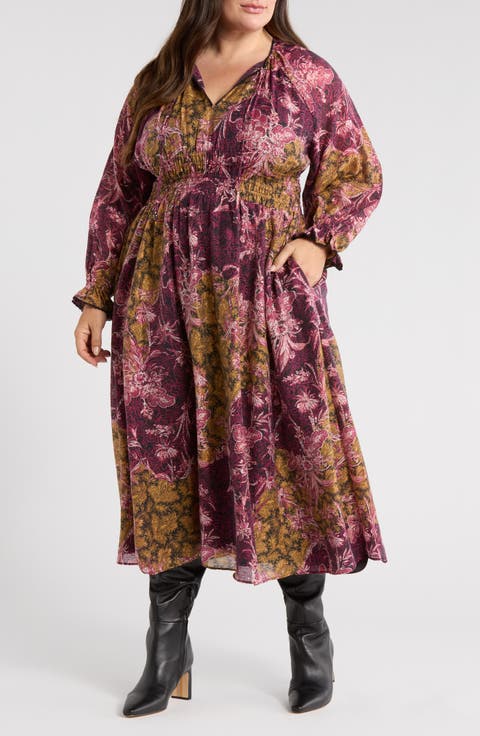 Long Sleeve Smocked Bodice Midi Dress (Plus)