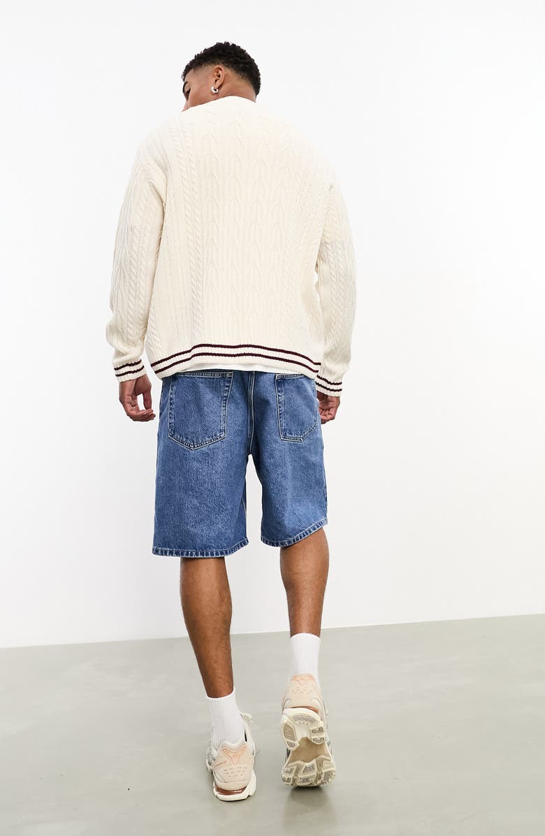 ASOS DESIGN Tipped V-Neck Cable Cricket Cardigan, Alternate, color, 