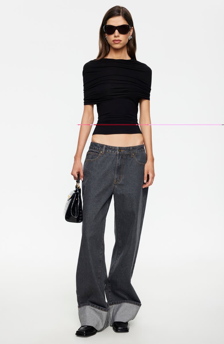 LIONESS Bella Vita Ruched Foldover Mock Neck Crop Top, Alternate, color, Noir