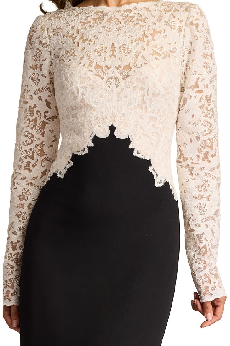 Mixed Media Long Sleeve Sequin Lace Bodice Gown, Alternate, color, IVORY/ BLACK