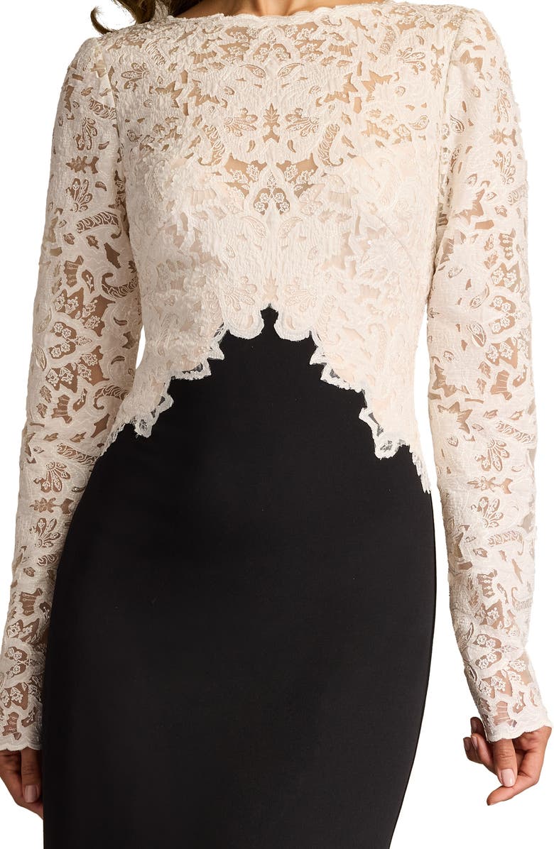Tadashi Shoji Mixed Media Long Sleeve Sequin Lace Bodice Gown, Alternate, color, Ivory/ Black