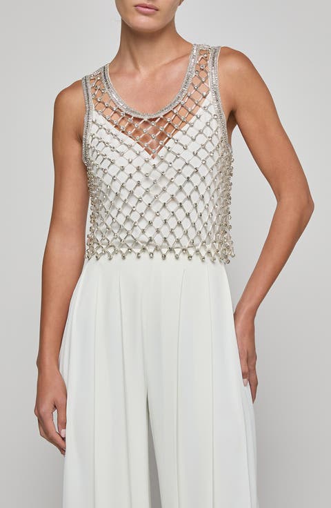 Freia Sheer Net Crystal Embellished Crop Tank