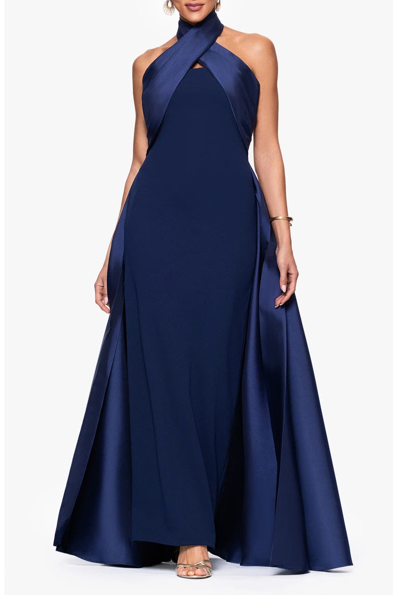 Twist Halter Neck Mikado Scuba Crepe Gown, Main, color, NAVY
