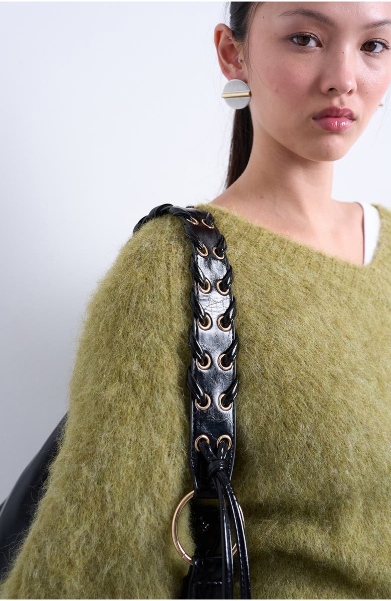 Topshop Whipstitch Trim Faux Leather Tote, Alternate, color, Black