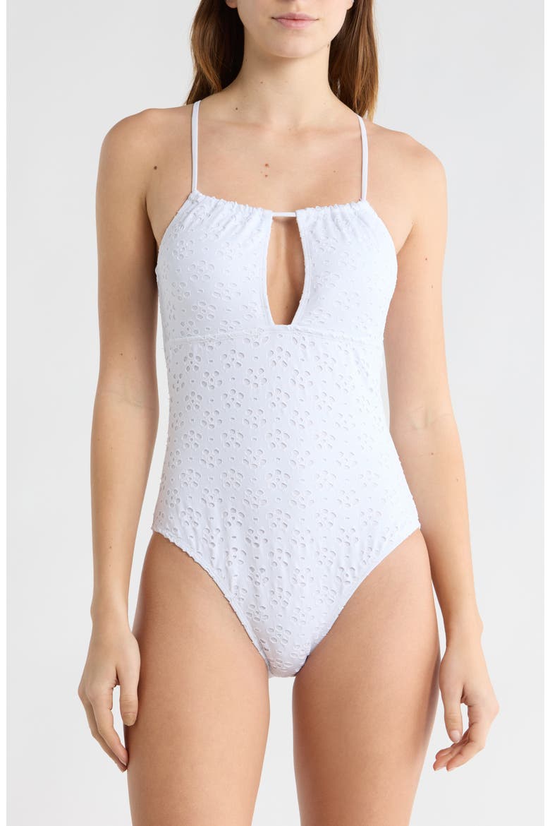 Eyelet Cutout One-Piece Swimsuit, Main, color, WHITE