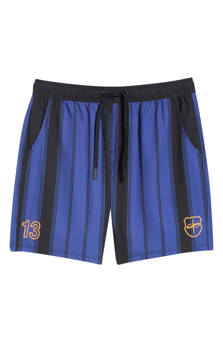 SANTO STUDIO Santo Futbol Tech Stripe Drawstring Shorts, Alternate, color, Black