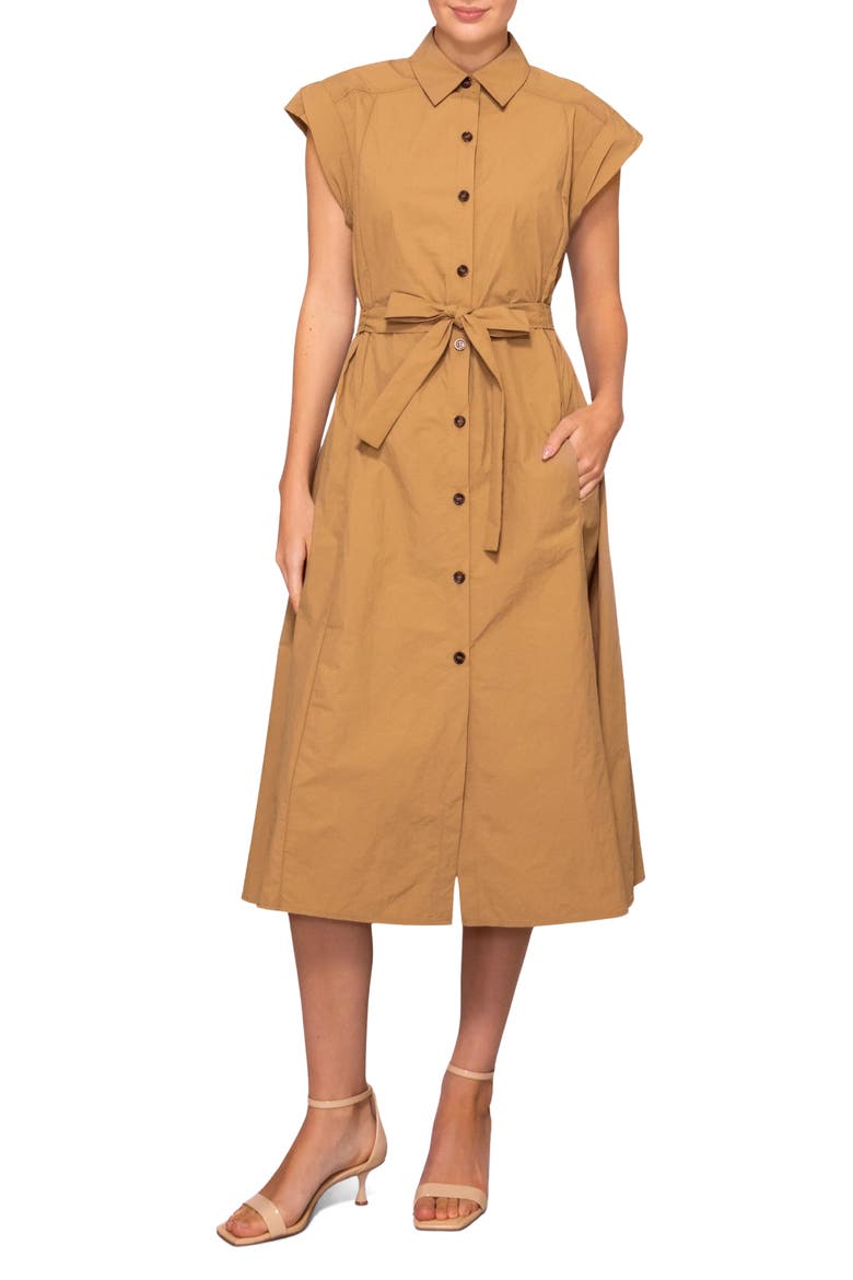 Cap Sleeve Midi Shirtdress, Main, color, TAN