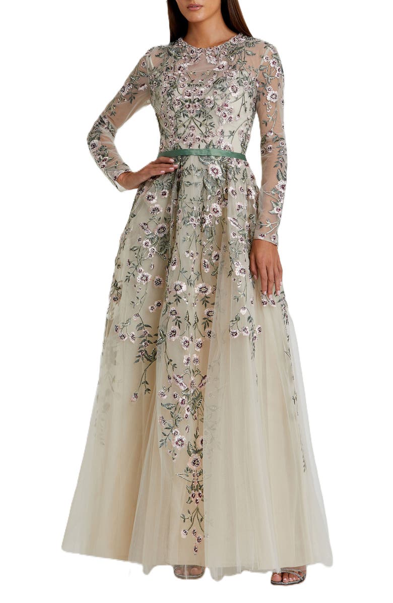Mac Duggal Long Sleeve Embellished Gown, Main, color, Sage Multi