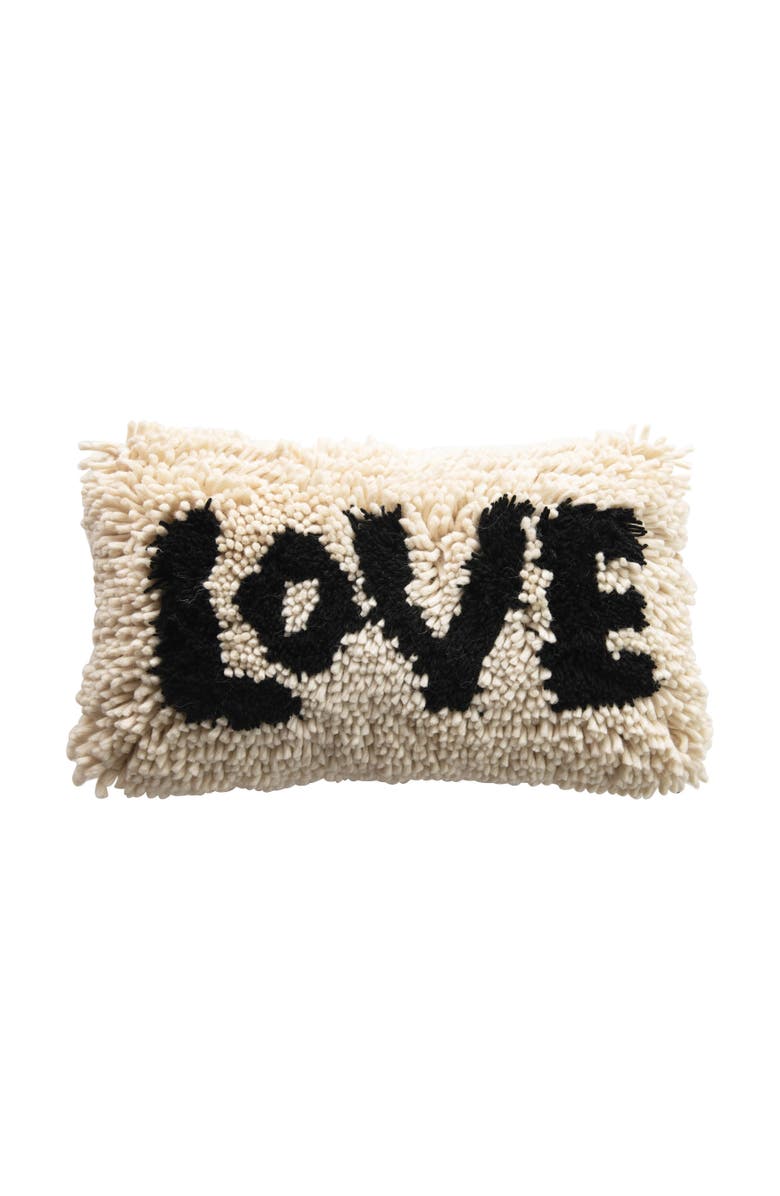Storied Home Woven Wool Shag Lumbar Pillow with "Love" Design, Black and Cream, Main, color, Black