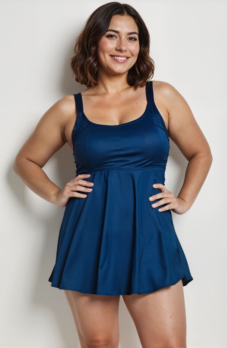 Calypsa Plus Size Amber Flared Tankini Swim Top With Adjustable Straps and Removable Cups, Main, color, Navy