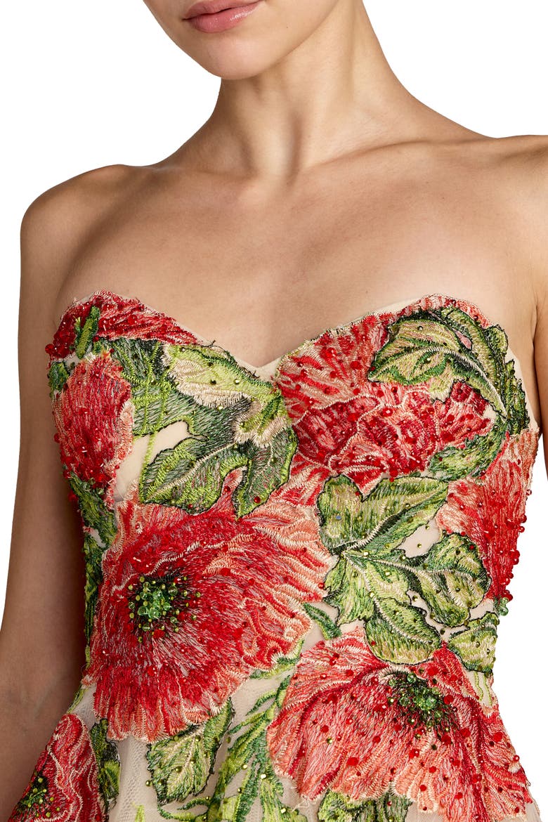 Embroidered Mesh Strapless A Line Midi Dress, Alternate, color, Nude Multi