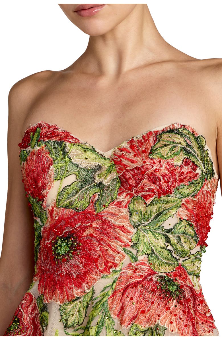 Mac Duggal Embroidered Mesh Strapless A Line Midi Dress, Alternate, color, Nude Multi