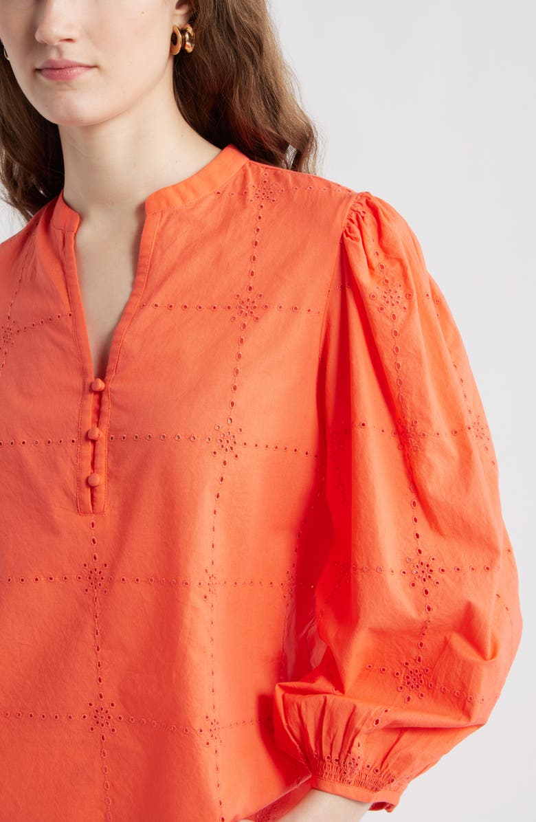 Caslon<sup>®</sup> Eyelet Embroidered Cotton Popover Top, Alternate, color, Coral Hot