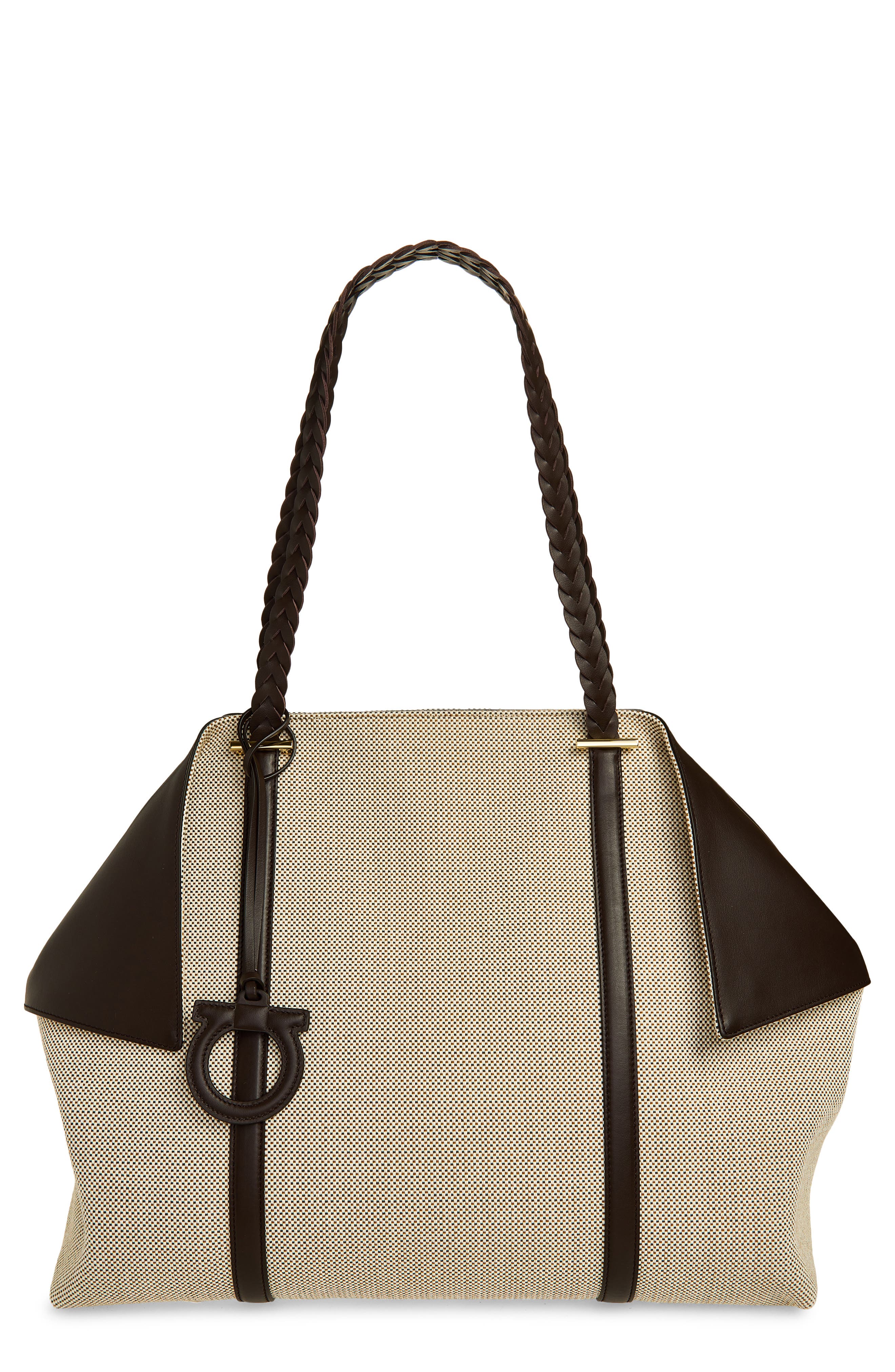 FERRAGAMO Large Folded Canvas & Leather Tote, Main, color, Naturale Multi T Moro