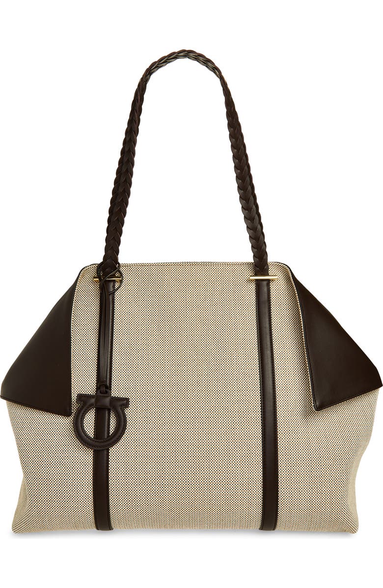 FERRAGAMO Large Folded Canvas & Leather Tote, Main, color, Naturale Multi T Moro