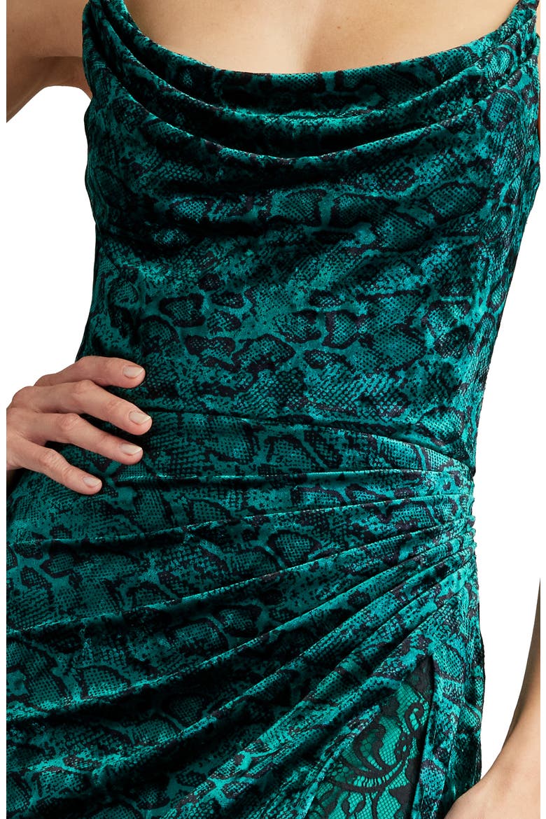 Snakeskin Print Ruched Midi Cocktail Dress, Alternate, color, EMERALD/ BLACK